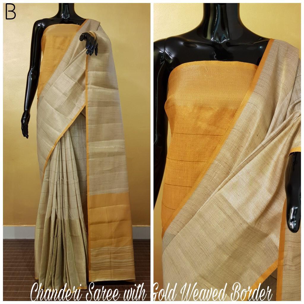 Chanderi Silk Saree with Gold Border