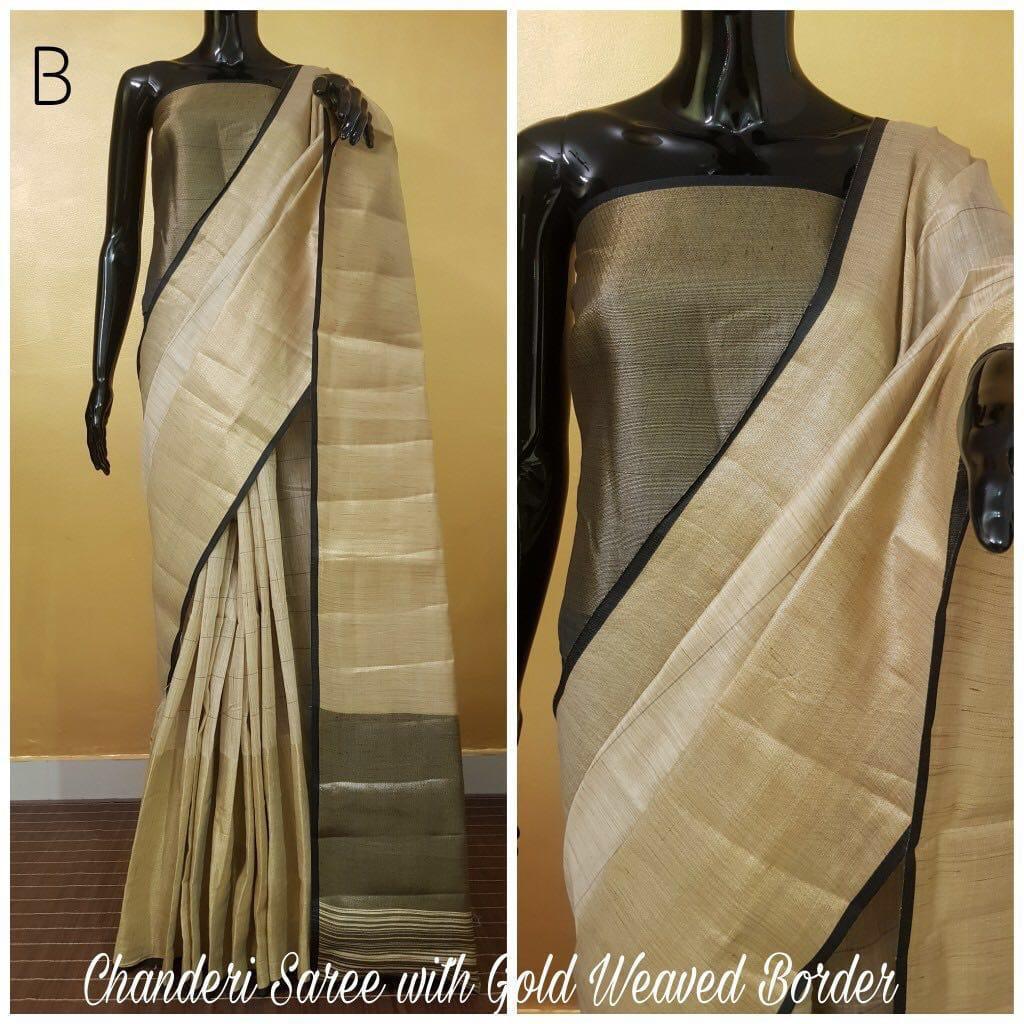 Chanderi Silk Saree with Gold Border