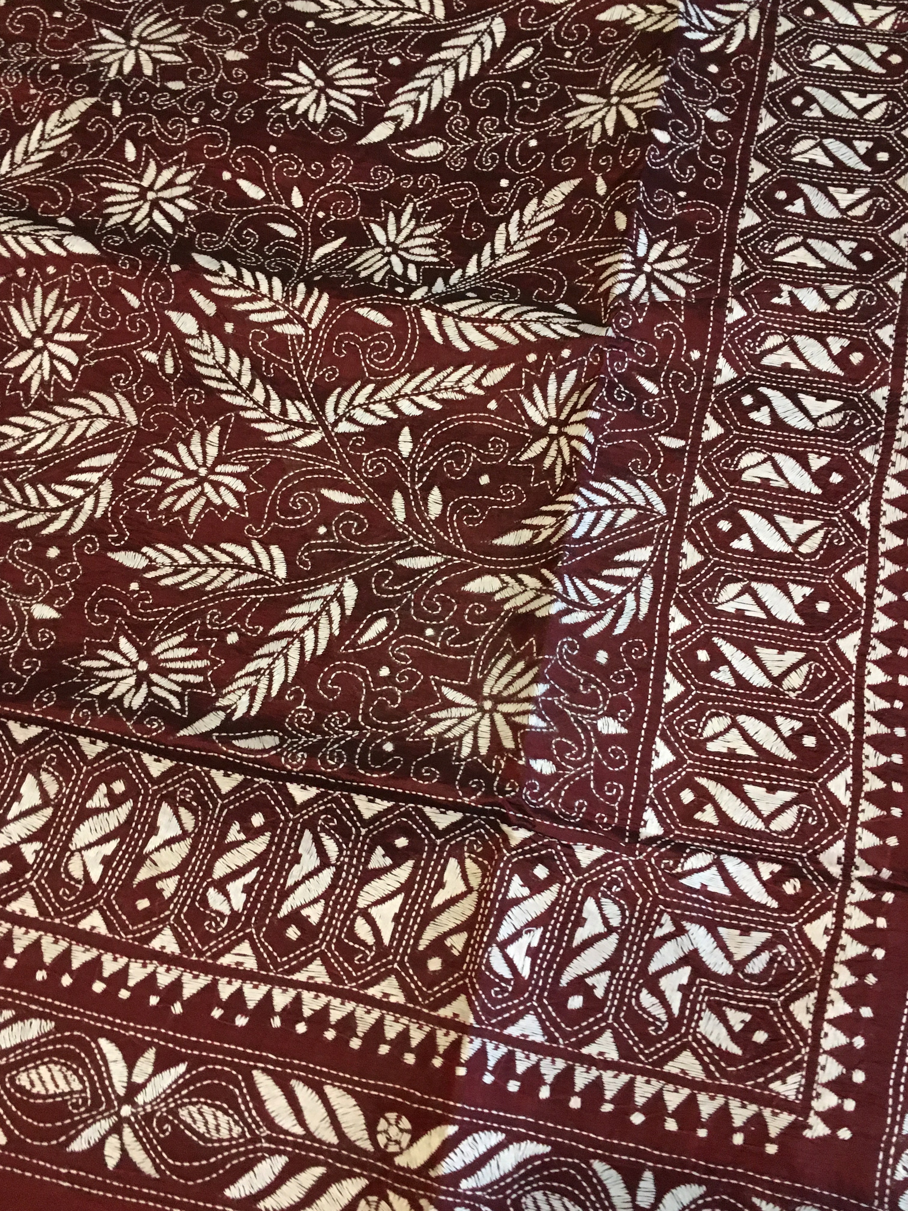 Maroon Kantha Stitch Saree With Matching Blouse