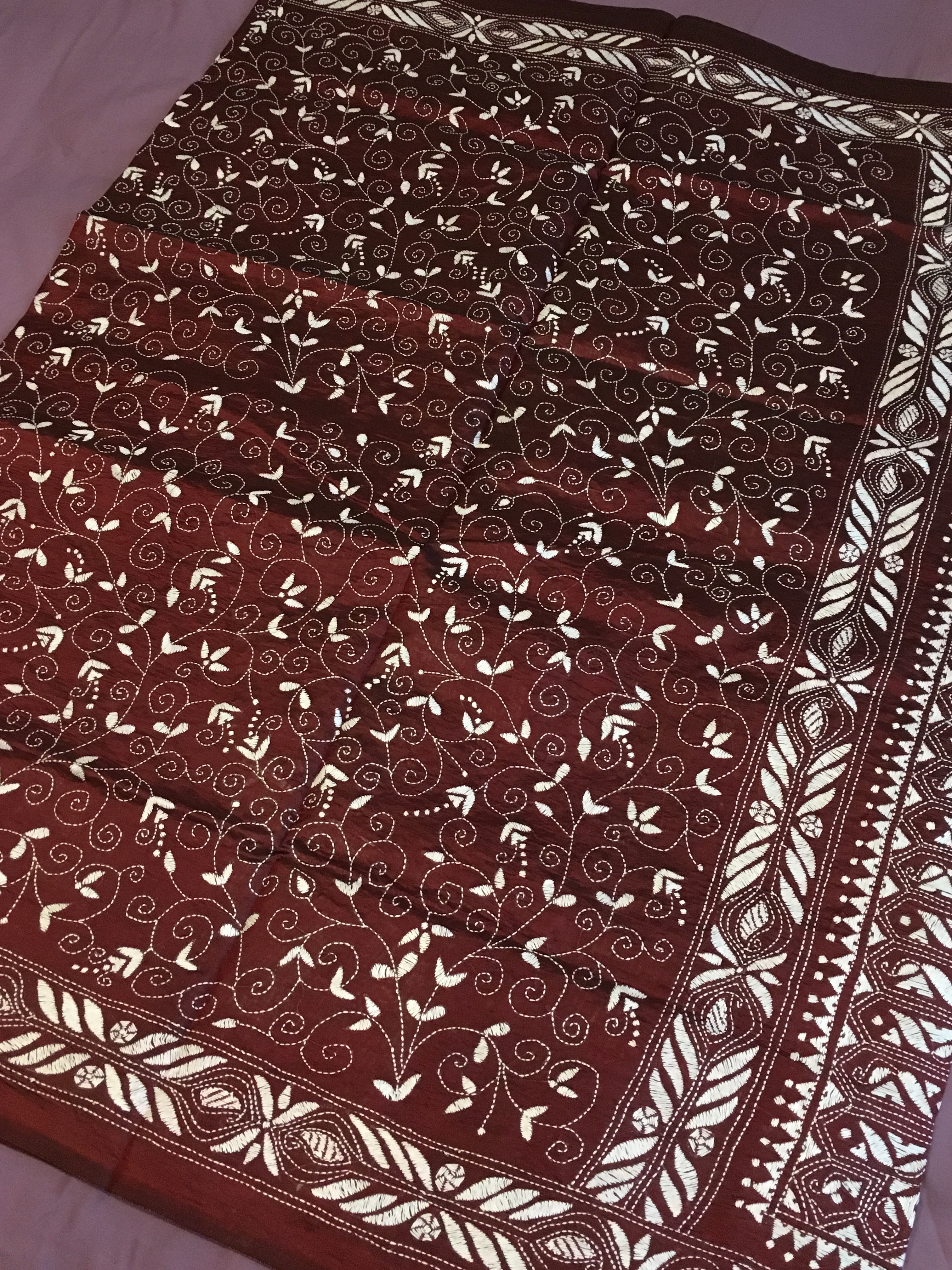 Maroon Kantha Stitch Saree With Matching Blouse