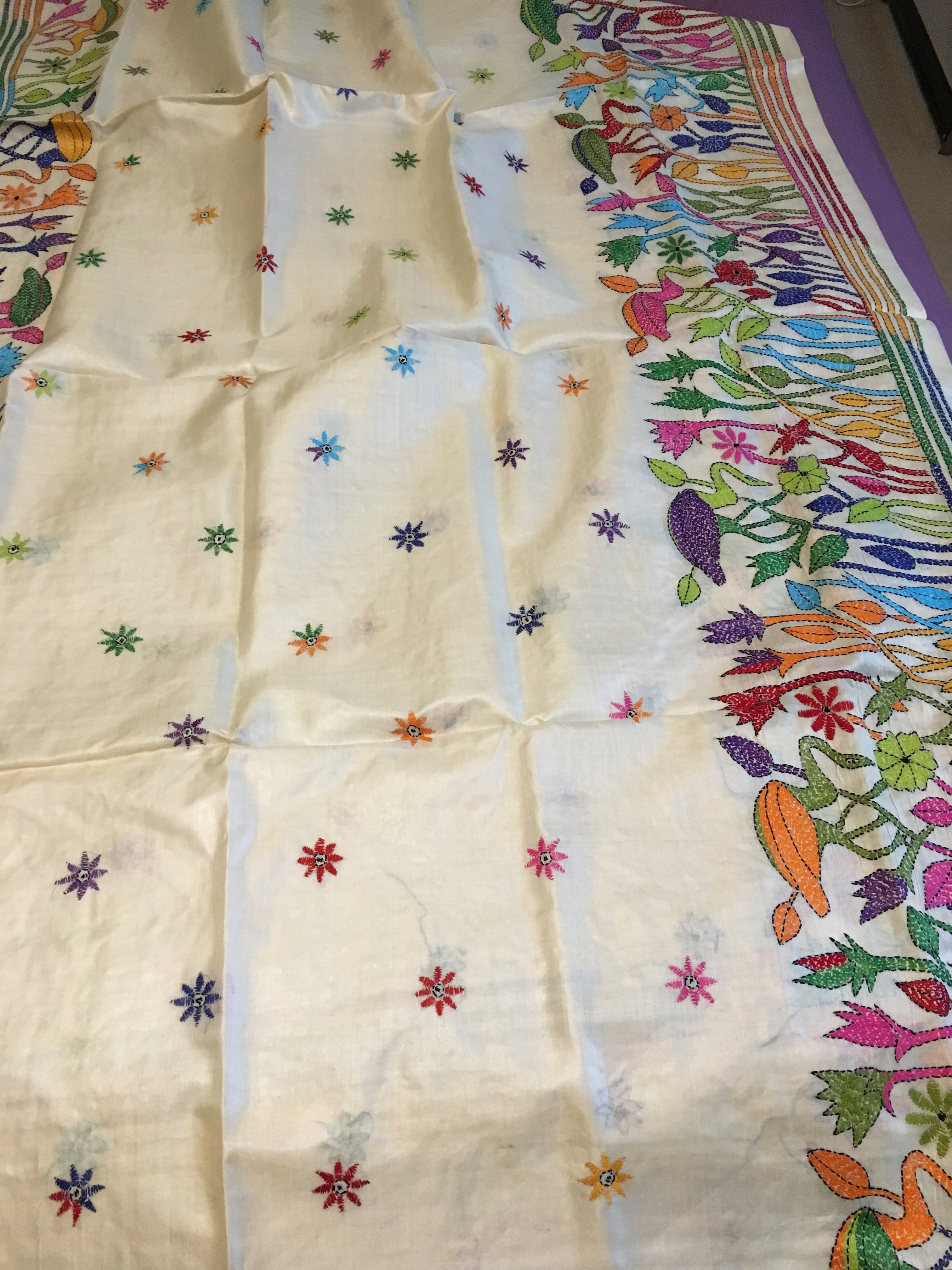 Multicolour Thread Work Kantha Stitch Saree With Blouse