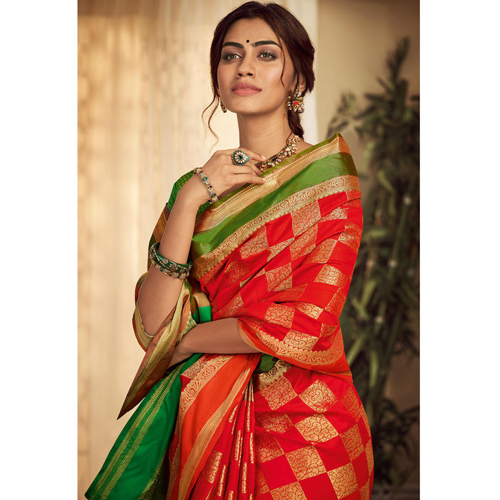 Red Colored Festive Wear Woven Silk Saree