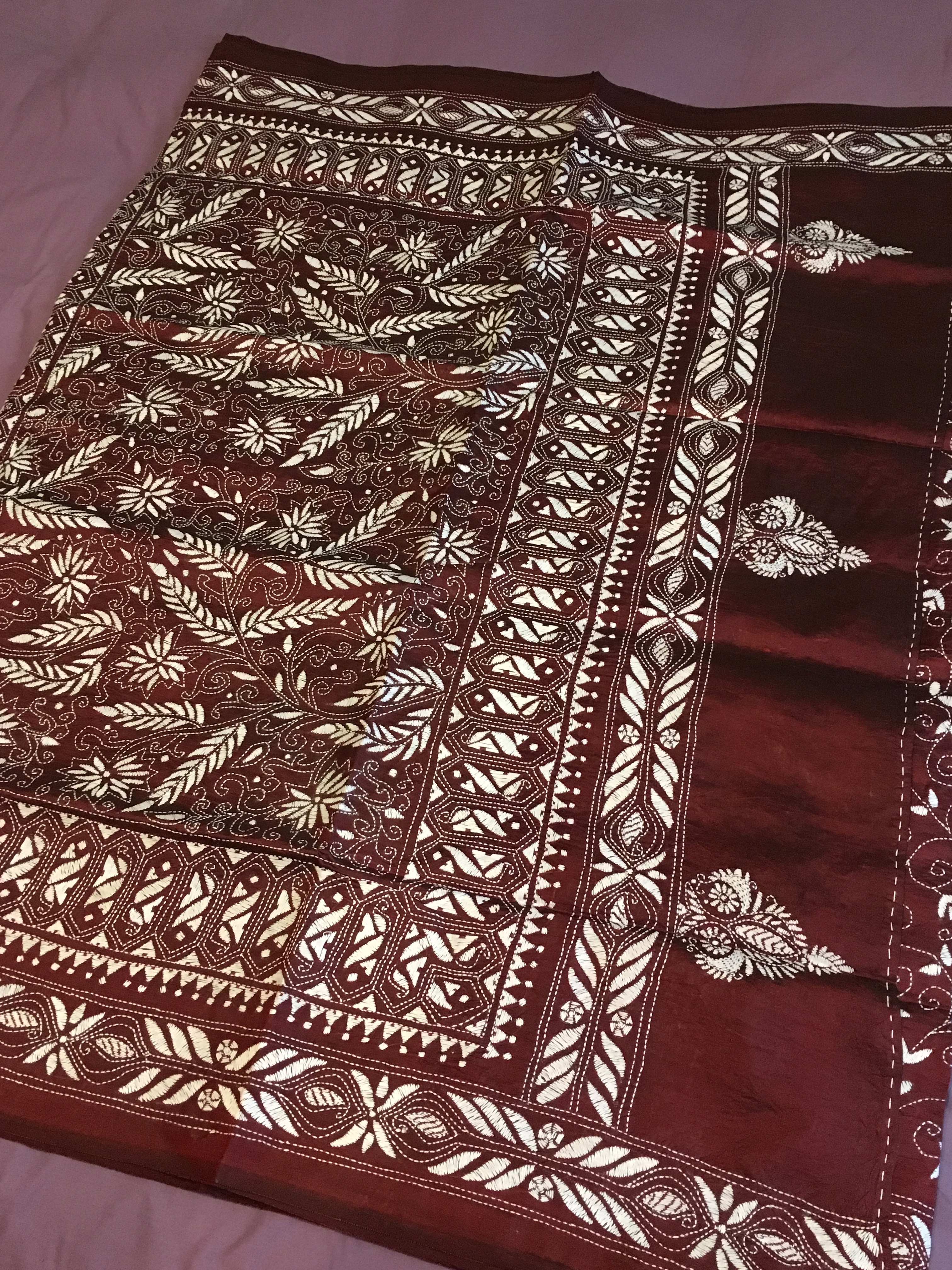 Maroon Kantha Stitch Saree With Matching Blouse