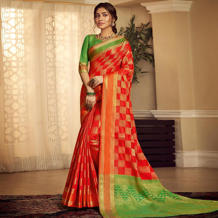 Red Colored Festive Wear Woven Silk Saree