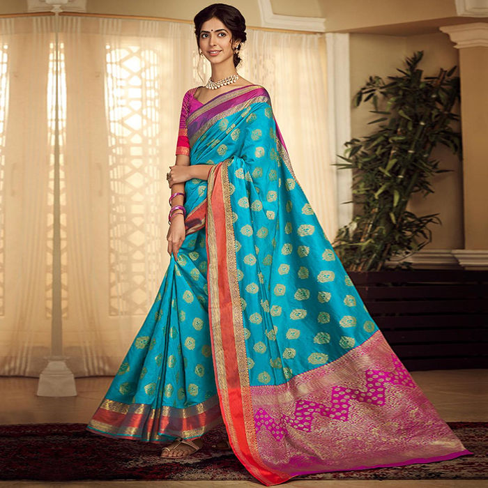 Glorious Sky Blue Coloured Festive Wear Woven Silk Saree With Blouse